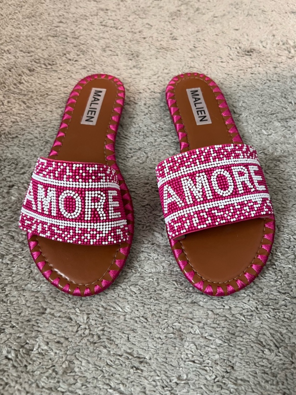 Pink 'AMORE' Beaded Slide Sandals
